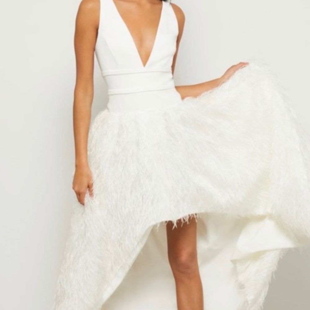 BCBG HIGH-LOW FAUX FEATHER GOWN